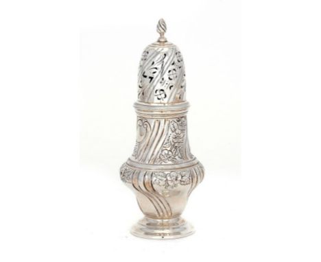 A VICTORIAN SILVER CASTER  chased with flowers between wrythen fluting, 16cm h, maker's mark rubbed, Birmingham 1897, the cov