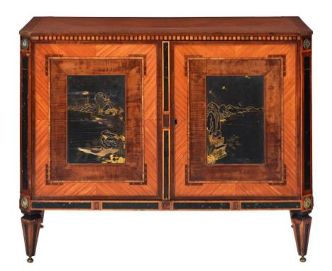 A DUTCH MAHOGANY, SATINWOOD, INLAID AND JAPANNED  COMMODE, C1800  applied with brass rosettes, on square tapered legs with br