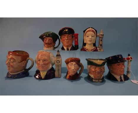 A collection of eight mid size Royal Doulton character jugs, to include, 'The Engine Driver', 'The Postman' etc.