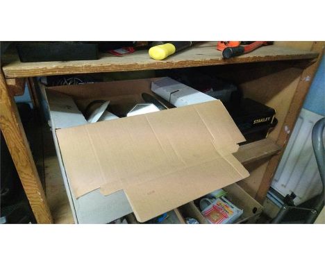 Shelf of assorted, tool box, lamp etc.