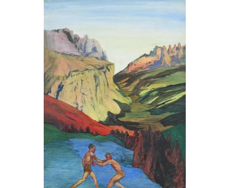 λ&nbspAUSTIN OSMAN SPARE (BRITISH 1888-1956) WRESTLERS IN A LANDSCAPE Ink, watercolour and gouache Signed with initials (lowe