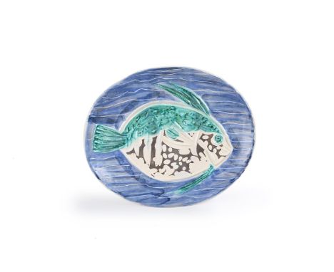 λ&nbspPABLO PICASSO (SPANISH 1881-1973) POISSON BLEU (A.R. 180) Painted and partially glazed ceramic plate  Stamped Madoura P