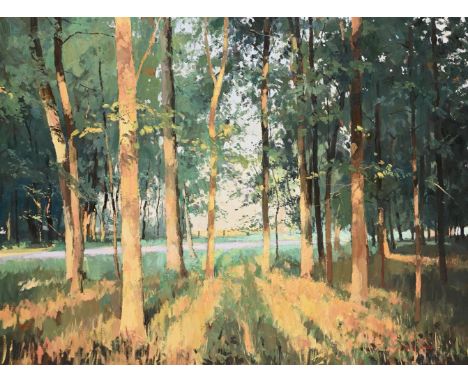 λ&nbspJAMES HART DYKE (BRITISH B. 1966) EVENING LIGHT ON THE TREES Oil on canvas  Signed and dated 2002 (lower right) 74 x 99