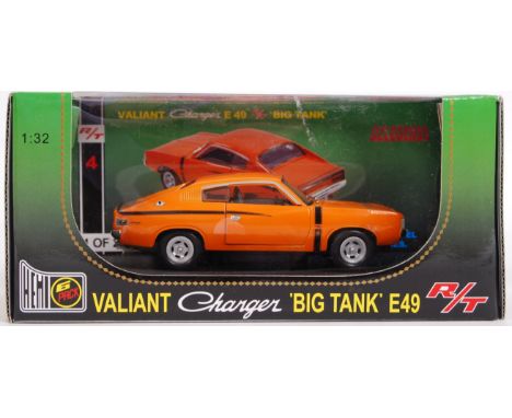 A rare Ozlegends made 1:24 scale precision diecast model Valiant Charger ' Big Tank ' E49. Limited edition. Orange, with blac