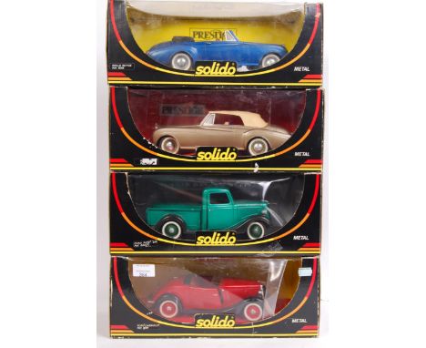 A collection of 4x Solido ' Prestige ' series diecast model 1:18 scale cars. Comprising of; 8009 Ford Cabriolet, 8002 Ford Pi