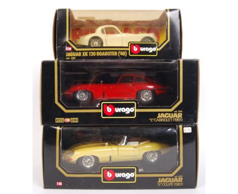 Three 1:24 &amp; 1:18 scale Burago diecast model vehicles comprising of; Jaguar E Cabriolet (1961), Jaguar E Coupe (1961) &am