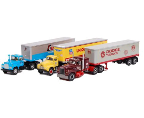 Three American made First Gear 1:34 scale precision diecast model lorries / Kenworth trucks. All haulage related - Dodge Truc