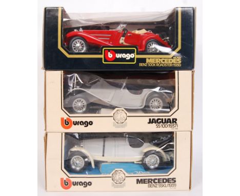 Three 1:18 scale Burago diecast model cars comprising of; Mercedes Benz SSKL (1931), Mercedes Benz Roadster (1936) &amp; Jagu