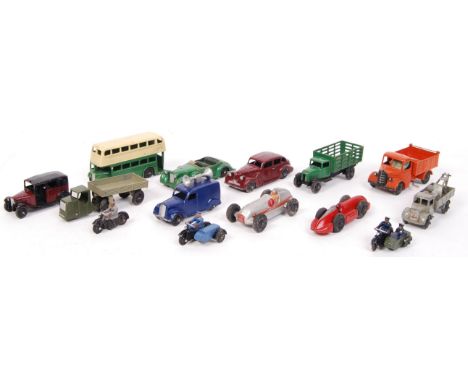 A collection of 14x vintage and early Dinky diecast model cars and vehicles. Comprising of; 33a Mechanical Horse, 30e Breakdo