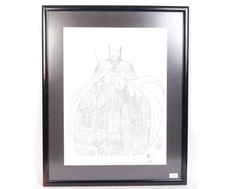 A beautiful and rare ' Night Vigil Over Gotham ' black and white pencil print of Batman.&nbsp;The print by DC Comics, 1991. F