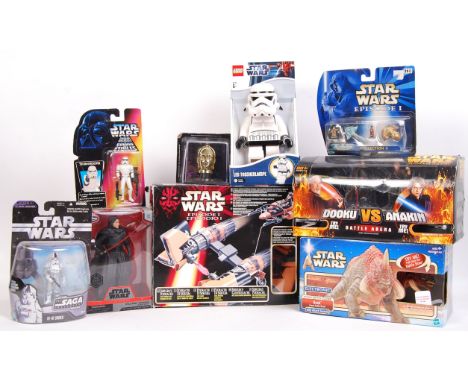 A collection of assorted boxed Star Wars toys - action figures and playsets. To include; Lego Star Wars Stormtrooper Lamp (bo