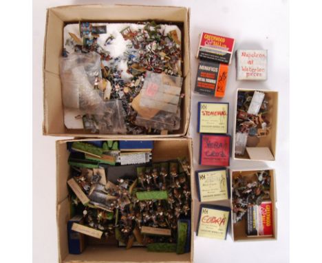 A large collection (x2 boxes) of assorted vintage Hinchcliffe and similar 25mm war gaming white metal figures. Many finished 