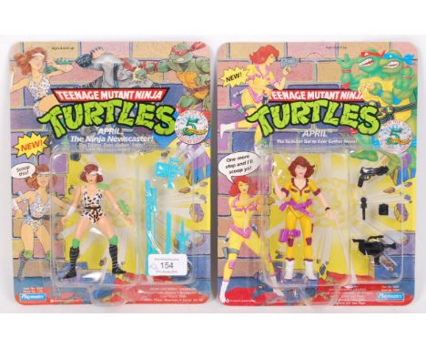 Two original vintage Playmates made Teenage Mutant Ninja Turtles carded action figures - ' April ' and ' April The Newscaster