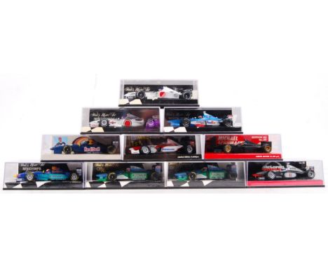 A collection of 10x Minichamps / Paul's Model Art made 1:43 scale precision diecast model Formula One racing cars. All appear