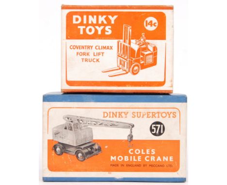 Two vintage Dinky Toys / Supertoys diecast model construction related vehicles. Comprising; No. 571 Coles Mobile Crane (withi