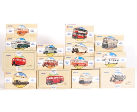 A good collection of 14x Corgi Classics made diecast model buses. Each model appears mint and unused, within the original box