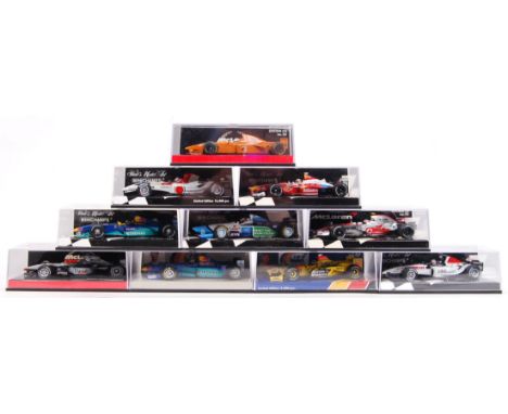 A collection of 10x Minichamps / Paul's Model Art made 1:43 scale precision diecast model Formula One racing cars. All appear