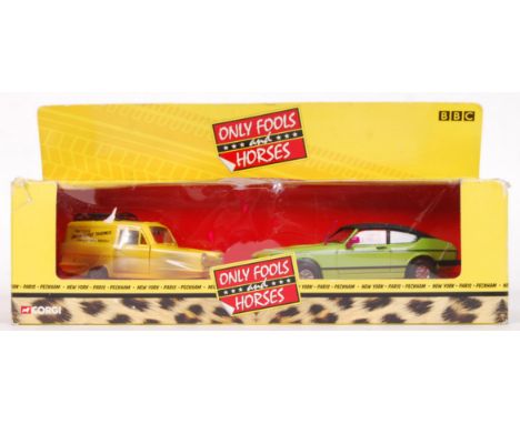 A Corgi diecast model Only Fools &amp; Horses double set CC99111 ' Ford Capri &amp; Reliant Regal Supervan III '. Contents ap