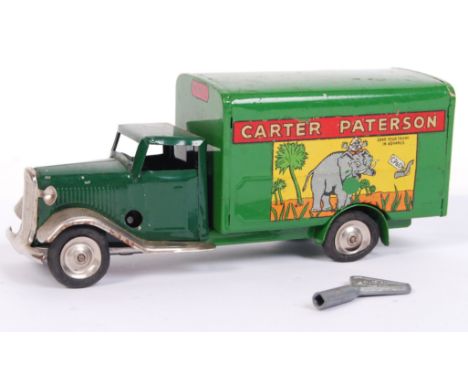 A fabulous rare vintage Triang Minic tinplate clockwork Carter Paterson Circus lorry / truck. Green, with original decals pre