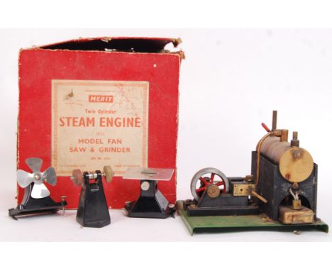 An original vintage Merit made ' Twin Cylinder Steam Engine ' With Model Fan Saw &amp; Grinder .' Appears complete (with both