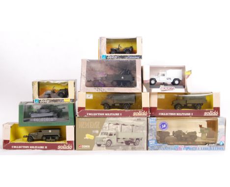 A collection of 10x assorted 1:43 scale (mostly) diecast model Military themed vehicles. All appear mint, and within the orig