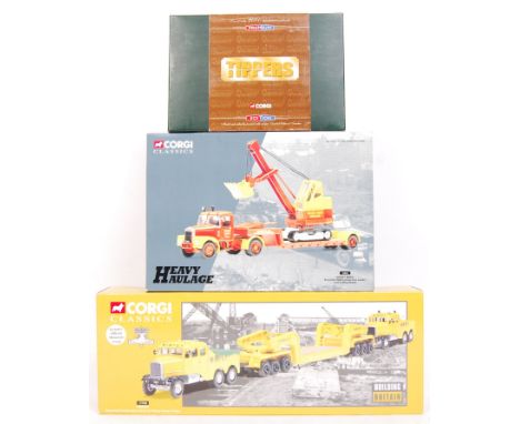 Three original Corgi Classics construction themed diecast model vehicles to include; 31010 Heavy Haulage Short Bros Scammell 