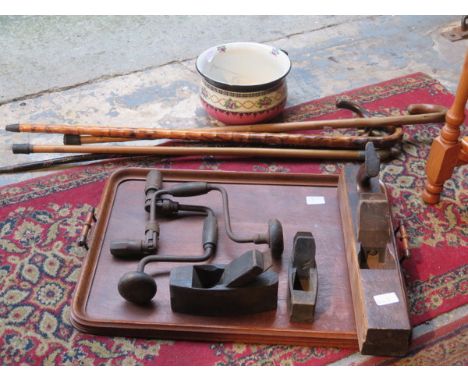 WOODEN TRAY, VARIOUS WALKING STICKS, WOODWORKING TOOLS, ETC