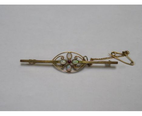 9ct GOLD, OPAL AND RUBY SET BAR BROOCH 