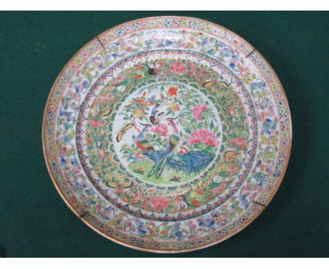 18th/19th CENTURY ORIENTAL CIRCULAR CERAMIC PLATE, HANDPAINTED WITH BIRDS, BUTTERFLIES AND FOLIAGE, DIAMETER APPROXIMATELY 24