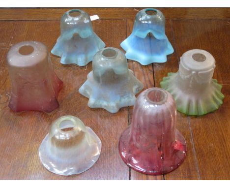 SEVEN (NOW SIX) VARIOUS COLOURED GLASS LIGHT SHADES - RED SHADE (BOTTOM RIGHT ON IMAGE HAS BEEN DAMAGED ON VIEW)  NO LONGER I