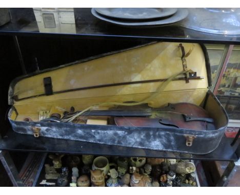 CASED VIOLIN WITH BOW FOR RESTORATION, PAPER LABEL INSIDE 'STRADIVARIUS'