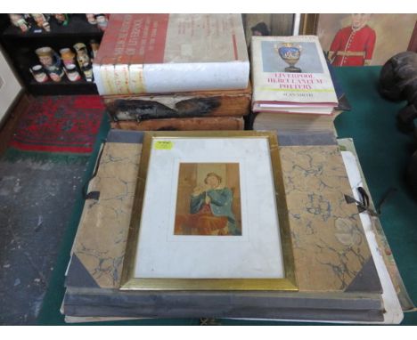 PARCEL OF VOLUMES, FRAMED PRINT AND FOLDER CONTAINING AMATEUR PAINTINGS 