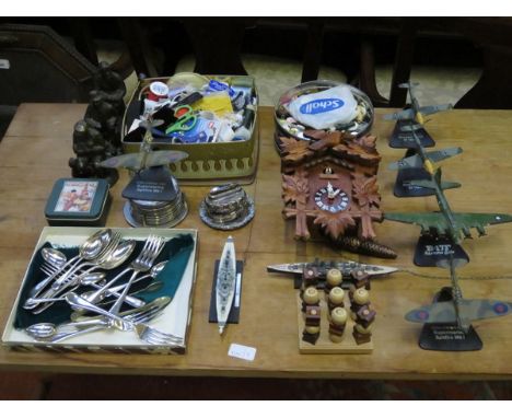 SUNDRY LOT INCLUDING SEWING ACCESSORIES, BUTTONS, FLATWARE, CUCKOO CLOCK, MODEL AEROPLANES, ETC.