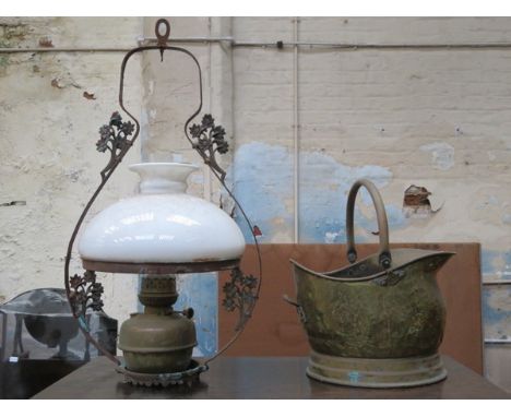 VINTAGE CAST IRON AND BRASS LIGHT FITTING WITH GLASS SHADE PLUS BRASS COAL SCUTTLE 