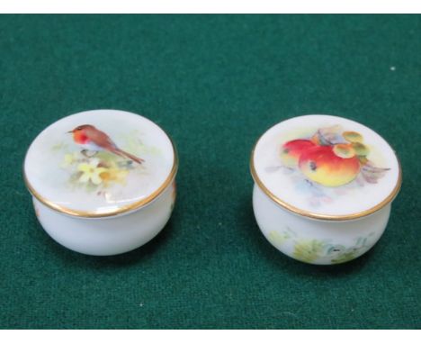 PAIR OF PRETTY MINIATURE ROYAL WORCESTER HANDPAINTED AND GILDED CERAMIC POTS AND COVERS, ONE SIGNED 