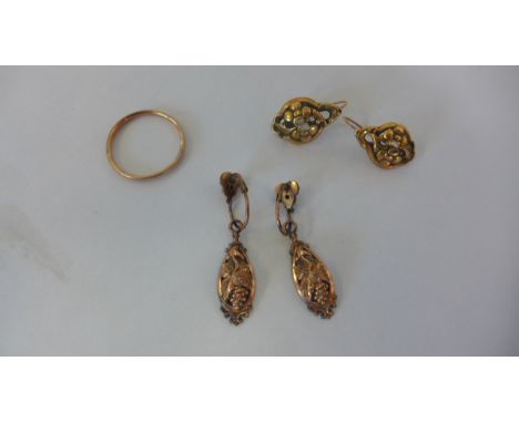 A yellow gold ring, believed to be 14ct, approx 1.7 grams, a pair of gilt metal earrings, approx 1.4 grams and a pair of plat