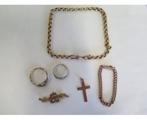 Two gilt metal bracelets, approx 12 grams, a 9ct ring, 9ct crucifix and 9ct brooch, approx 5 grams, and a gilt metal ring wit