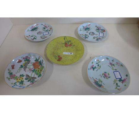 Five Chinese decorated saucers with red wax seals, some wear but all generally good 