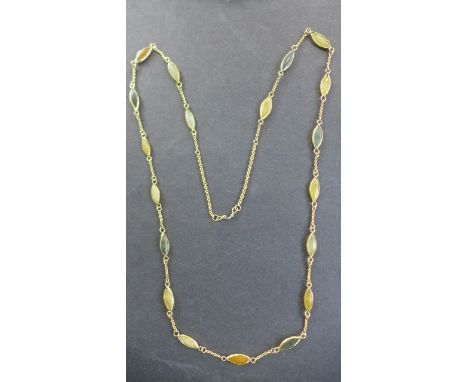 A gold plated, amber, jade and opal necklace, 82cm long approx, total weight approx 16.5grams, generally good condition 