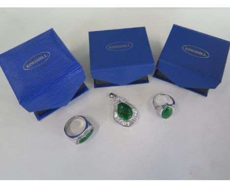 Two 18ct white gold plated jade rings, and a matching pendant, ring sizes Q and V, all in good condition 