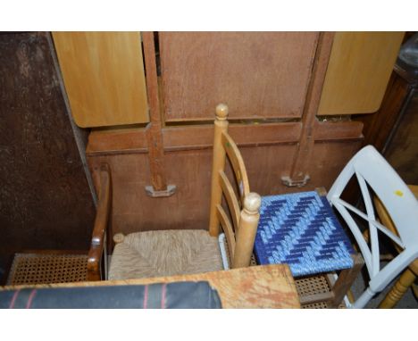 Three various chairs and a small string seated stool 