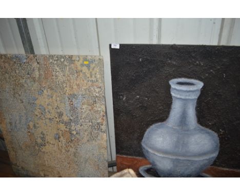 A large Spanish coloured tile; together with a large still life study on panel 