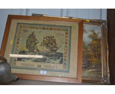 Cafiefi, oil on canvas study of a river scene; together with a coloured print of sailing ships 