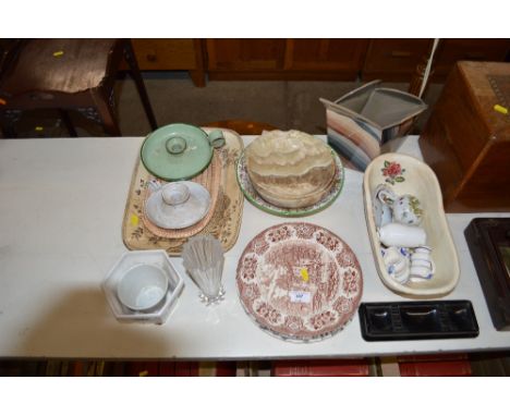 A quantity of various china and two enamel chamber sticks 