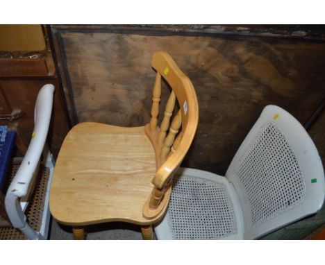 A beech spindle back high stool; a cane seated chair; and a loom basket 