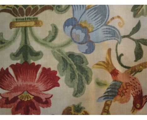 A large pair of cotton interlined curtains, the neutral ground with floral and bird pattern of multi-colour together with a p