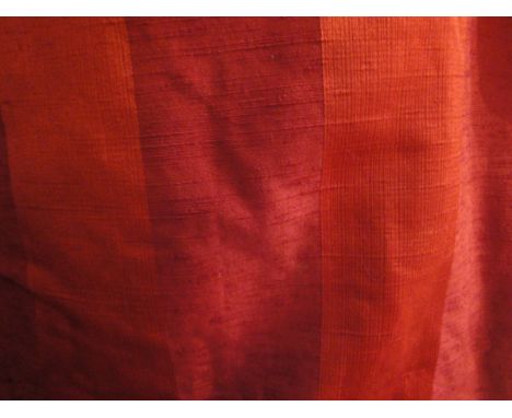 A pair of red striped interlined curtains, together with two 19th Century gilt and gesso pelmets with applied purple tassels