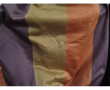 Three pairs of brushed cotton curtains of plain purple orange and gold stripe