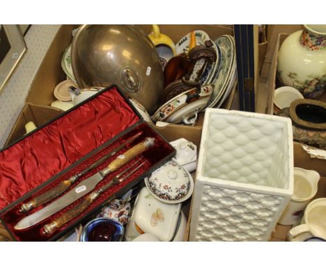 Two boxes of various china and glass ware, a walnut cased barometer/thermometer, plated food dome, a cased set of antler-hand