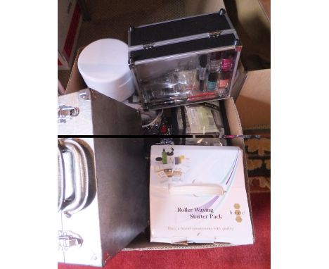 A collection of make up boxes to include Bobby Brown, etc, together with a Hive Roller Wax Starting kit and other hair clips,